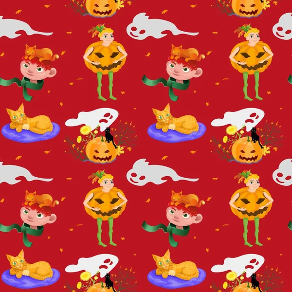 Roztomilý červený podzim Halloween hladký vzor s chlapcem — Stockový vektor