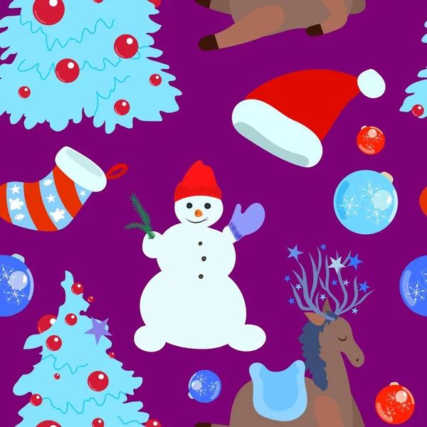Lindo patrón sin costura con ciervos en el árbol de Navidad — Vector de stock
