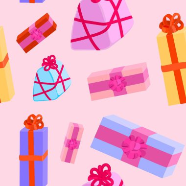 Güzel, pembe, pürüzsüz bir desen ve paketlenmiş hediyeler.