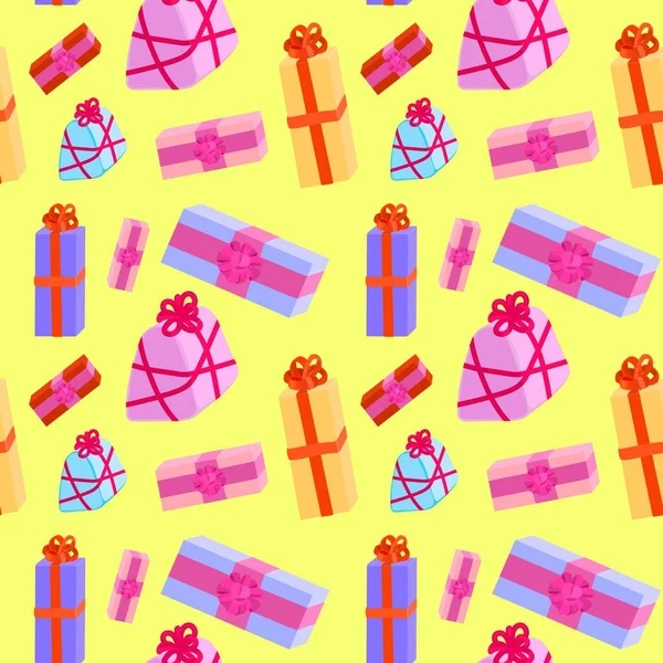 Mignon motif sans couture jaune avec des cadeaux enveloppés — Image vectorielle