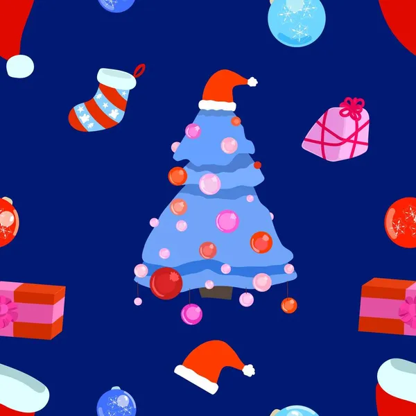 Синий рождественская елка бесшовный узор и красный декор — стоковый вектор
