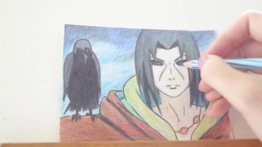 Karga karakterli ölü bir ninja. Renkli kalem sanatı