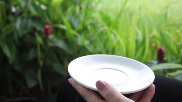 Café com leite quente no jardim tropical verde para menina — Vídeo de Stock