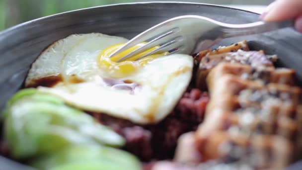 Memotong kuning telur goreng dalam mangkuk nasi tuna donburi — Stok Video