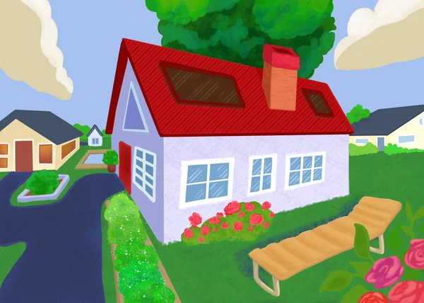 Дом с красной крышей в деревне с перспективой — стоковое фото