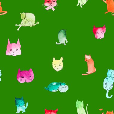 Sevimli yeşil, pürüzsüz desenli, el çizimi kedili.