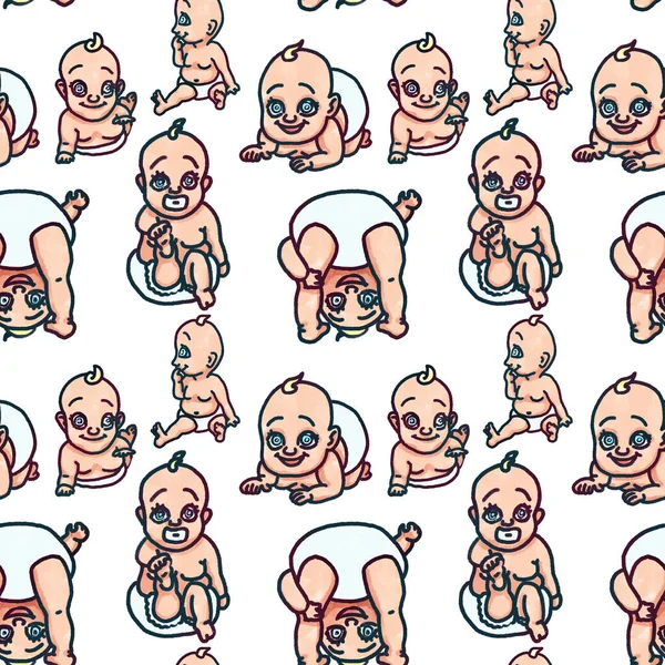Lindo patrón sin costuras dibujado a mano bebé en blanco —  Fotos de Stock