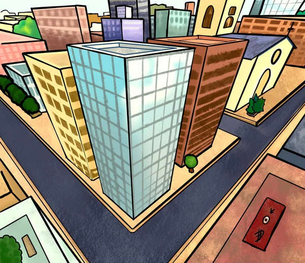 Edifici urbani disegnati a mano prospettiva tetto vista — Foto Stock