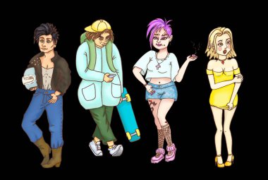 Elleri çizilmiş genç asiler siyah üzerine izole edilmiş