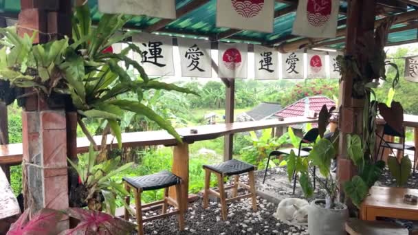 Bali, Indonesia - 20 de noviembre de 2021: Café japonés con vistas al campo de arroz verde — Vídeos de Stock