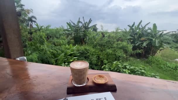 Πίνει καφέ latte ενώ γράφει ταξιδιωτικό περιοδικό — Αρχείο Βίντεο