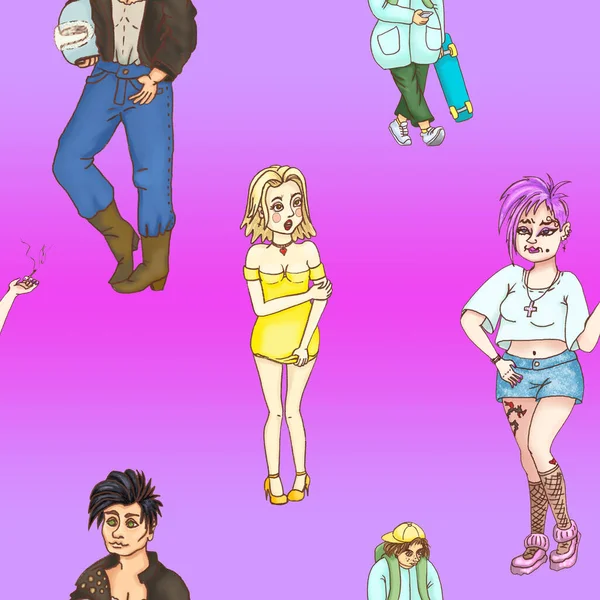 Desenhos animados estilo adolescente crianças no fundo violeta rosa — Fotografia de Stock