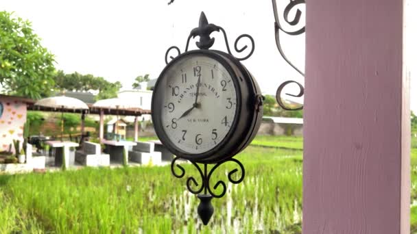 Stary rocznik zegar na polu ryżu o złotej godzinie — Wideo stockowe