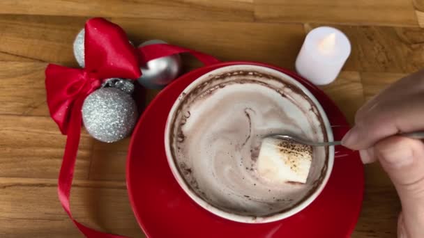 Дівчина змішує різдвяний какао-напій з зефіром — стокове відео