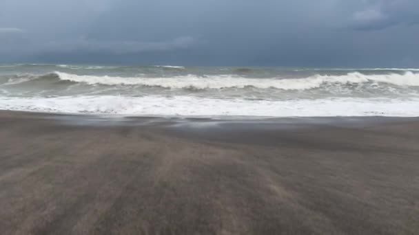 Roaring oceano ondas de praia na areia vulcânica preta — Vídeo de Stock