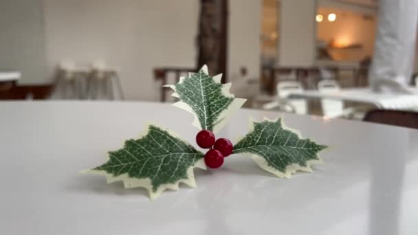 Feuille de houx de Noël et baies sur table de café blanche — Video