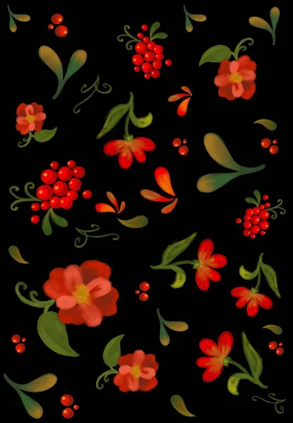 Belles baies rouges de khohloma de style russe et fond de feuilles vertes. Fond noir avec des fleurs rouges. Papier peint floral hohloma dessiné à la main pour le design. — Photo
