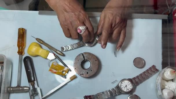 인도네시아 발리: 2021 년 12 월 25 일: 시계에 배터리를 교환하는 시계 장인. 4k 입니다. 시계 수선하는 기계. — 비디오