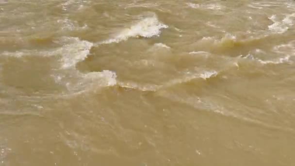 Dirty river with borwn water close-up. Environment pollution. Muddy stream. — Stockvideo