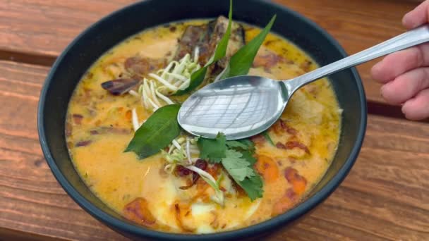 Provare deliziosa zuppa di laksa con verdure e spezie varie. Bere brodo di zuppa di pesce in un bar. Pranzo sano e gustoso per una persona affamata nel ristorante asiatico. — Video Stock