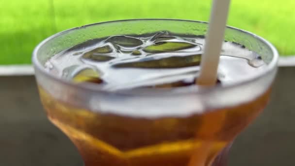 Mexendo chá gelado com um close-up de palha. Imagens macro de bebidas geladas ao ar livre. Beber um cocktail no café de verão lá fora. Bar rural no campo. — Vídeo de Stock