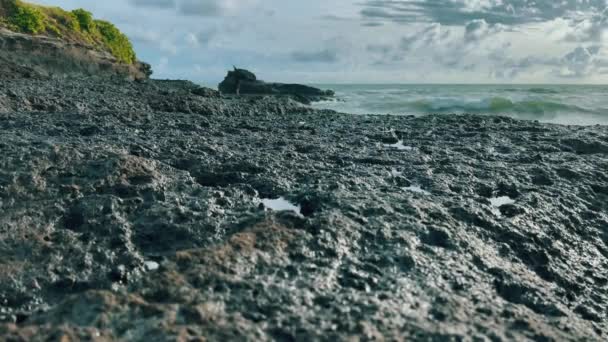 Hermoso fondo natural de rocas negras y salpicaduras de mar en la distancia al atardecer. Bali escena de la isla en el área de Kedungu. Arrecife costero océano. — Vídeos de Stock