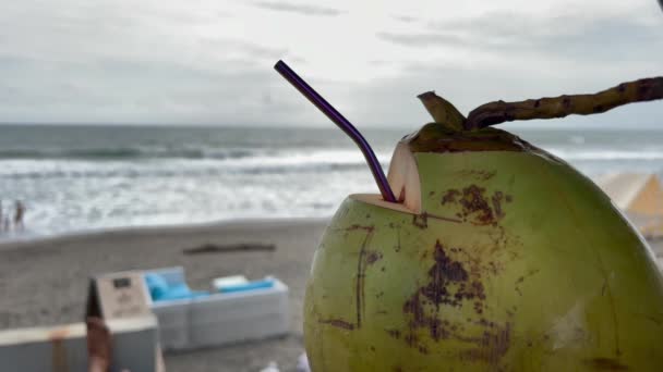 Primo piano di giovane bevanda di cocco verde nel bar sulla spiaggia sul mare. Succo di cocco fresco sano e paglia al caffè sulla riva dell'oceano nell'isola di Bali. — Video Stock