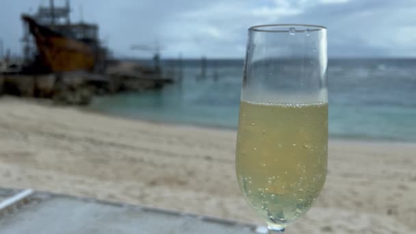 Limandaki fırtınalı bir günde rüzgarda sallanan şampanyanın yakın çekimi. Plaj kulübü alkollü içkisi. Tropikal beyaz kumsalda köpüklü şarap baloncuklarını kapatın.. — Stok video