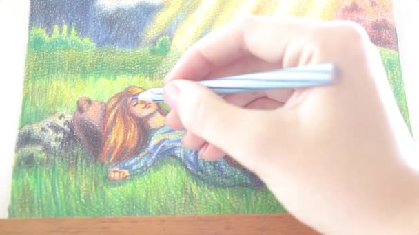 Drawing peaceful scene of a girl laying on grass at sunset — Stock Video