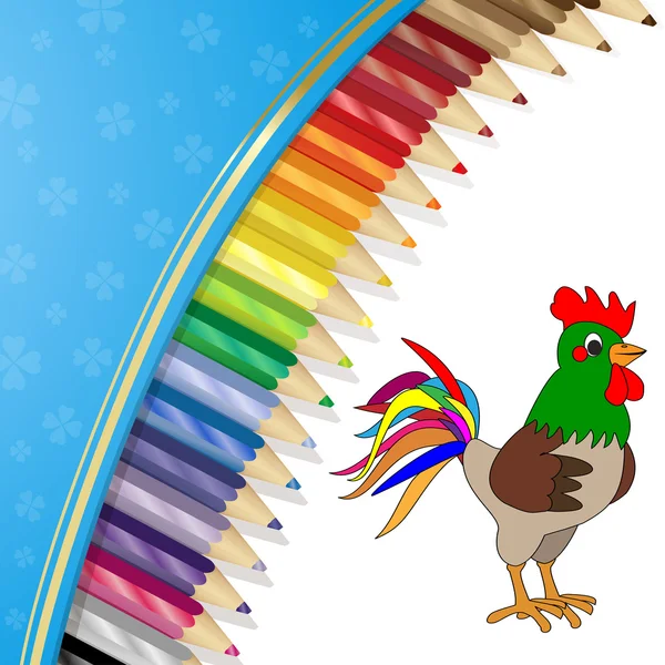 Colour pencils and rooster — Stock Vector