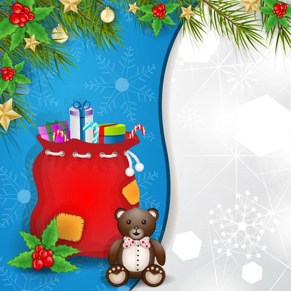 Santa s bag with bear toy and decoration — Stock Vector