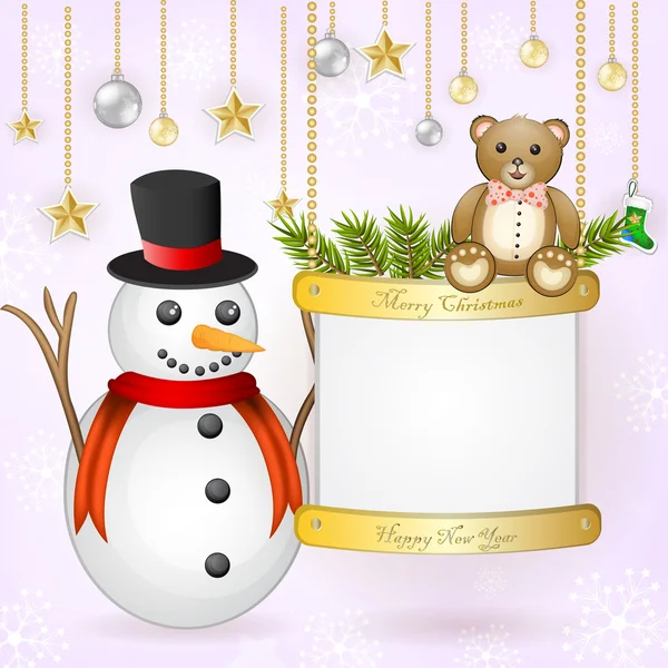 Biglietto natalizio con pupazzo di neve e orsacchiotto — Vettoriale Stock