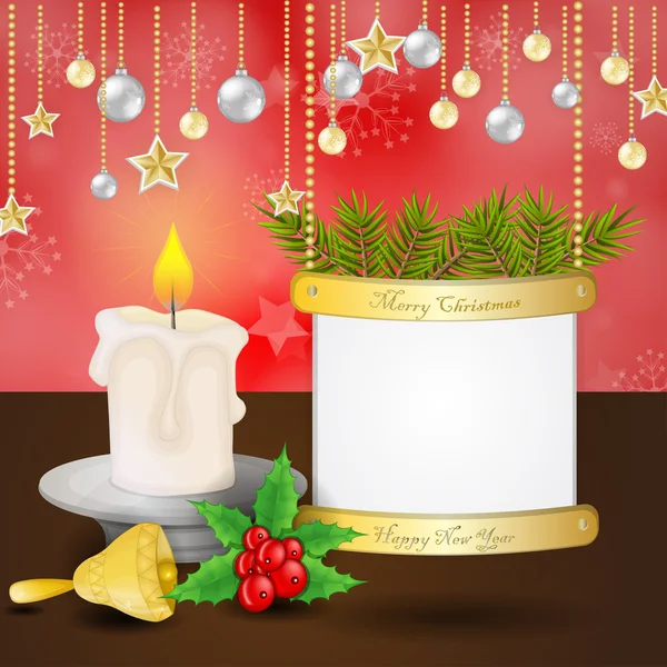 Weihnachtskarte mit Kerze und Glocke — Stockvektor