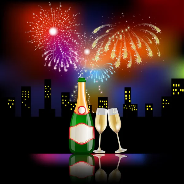 Fogos de artifício de Ano Novo com champanhe — Vetor de Stock