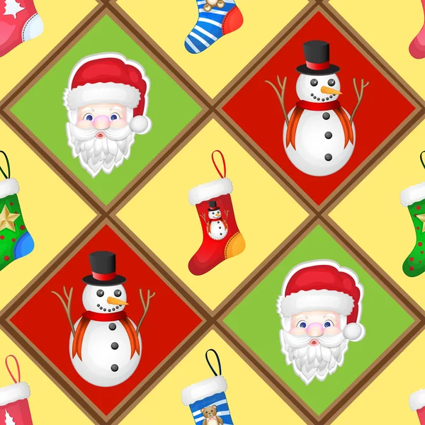 Materasso natalizio con calzini, Babbo Natale e pupazzo di neve — Vettoriale Stock