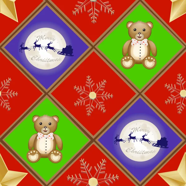 Kerst patroon met teddybeer en santa slee en rendieren over maan — Stockvector