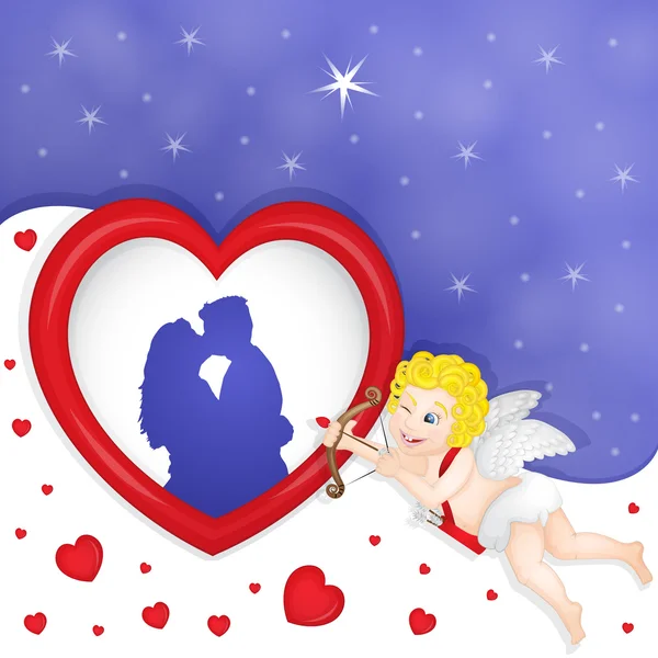 Cupidón con marco de corazón — Vector de stock