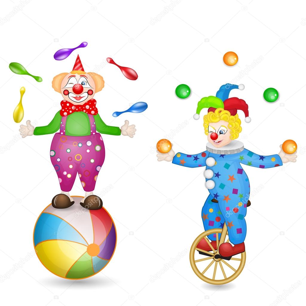 Two clowns with ball and unicycle