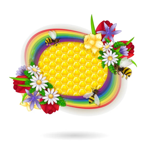 Flores de primavera y abeja sobre panales y fondo de arco iris — Archivo Imágenes Vectoriales