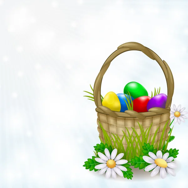 Cesta llena de huevos de Pascua sobre un fondo claro — Vector de stock