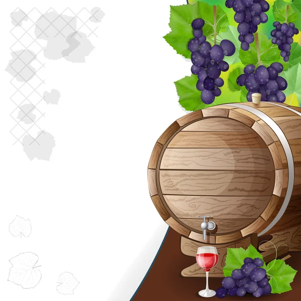 Szőlő, hordók és pohár bor — Stock Vector