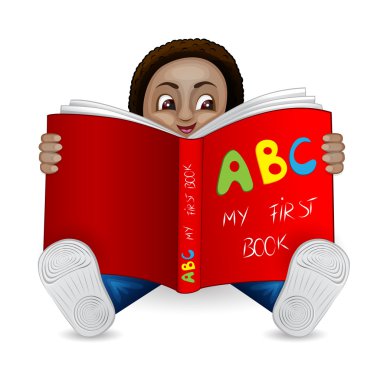 resimde siyah bir erkek çocuk kitap okuma