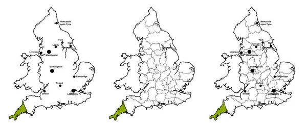 Engels Graafschap Cornwall Gelegen Kaart Van Engeland Met Zonder Graafschapsgrenzen — Stockfoto