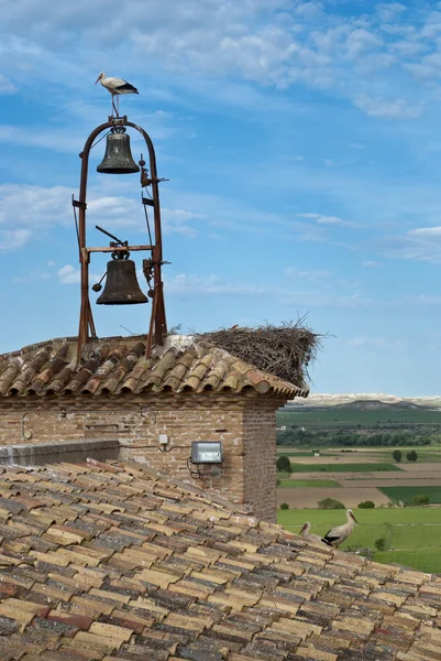Storks op de klokkentoren van de kerk — Stockfoto