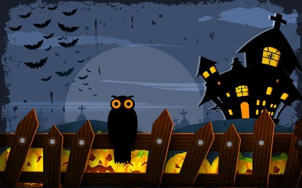 Hibou assis sur la clôture dans la nuit d'Halloween — Image vectorielle