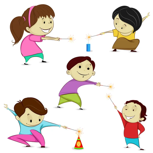 孩子们玩烟花爆竹 — 图库矢量图片