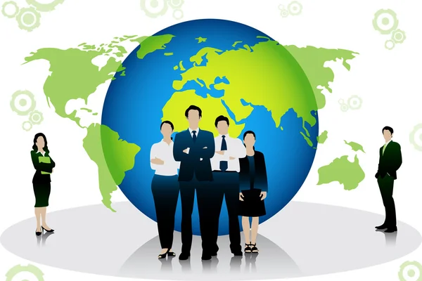 Des gens d'affaires debout devant le globe — Image vectorielle