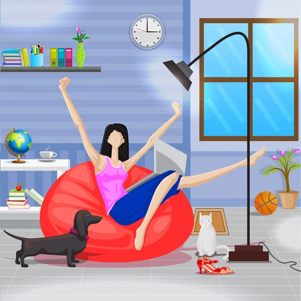 Woman Working on Laptop Sitting in Couch — Stock Vector