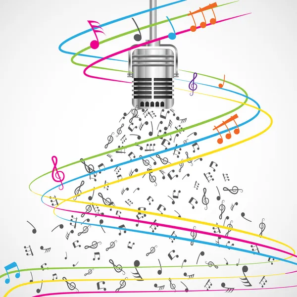 Notas musicales coloridas que salen del micrófono — Vector de stock