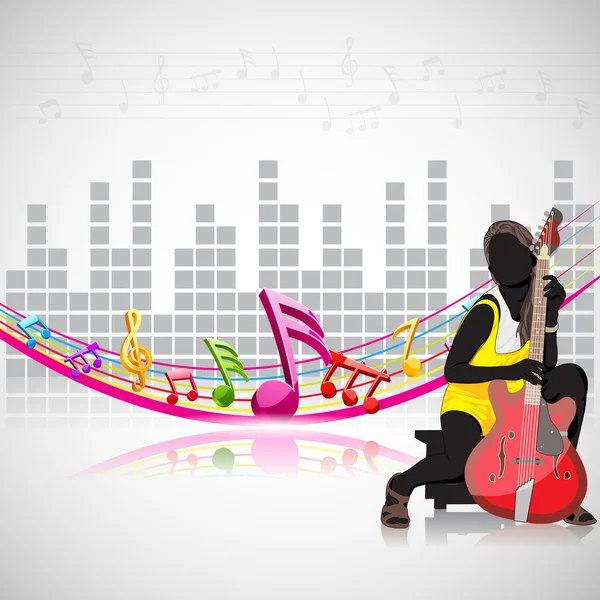 Mujer con guitarra sobre fondo musical — Vector de stock